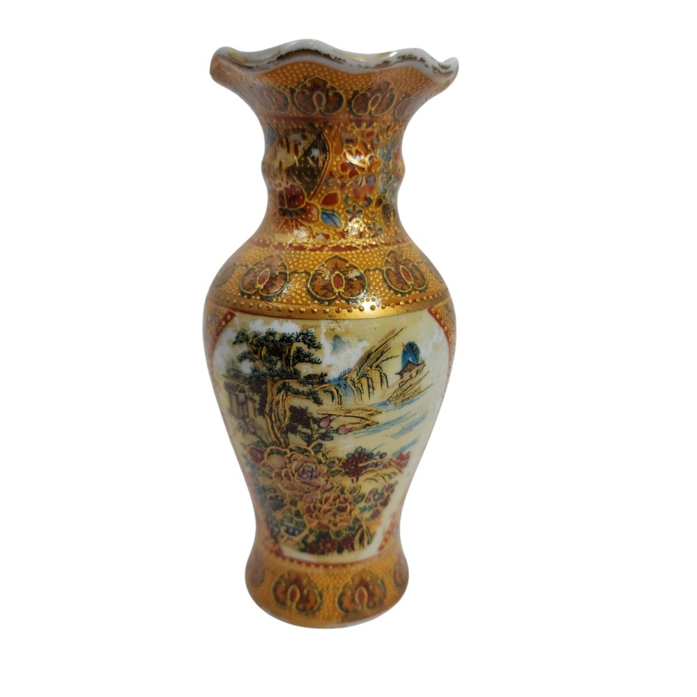 Satsuma Style Vintage Gold Japanese Porcelain Bud Vase 6"‎ Decor